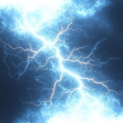 Bright, powerful lightning bolt branching across a dark, cloudy night sky, illuminating the surrounding storm clouds with electric blue light