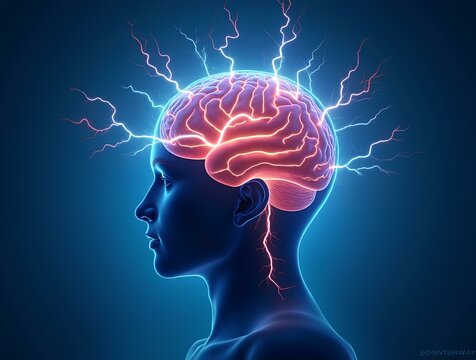 Human brain digital illustration. Electrical activity, 