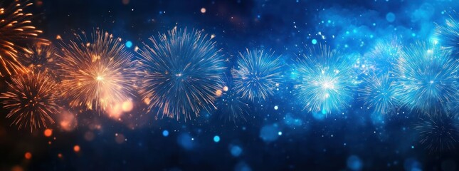 Fototapeta premium Colorful fireworks lighting up the night sky with bursts of orange and blue sparks, creating a festive and celebratory atmosphere