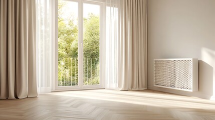 Fototapeta premium Bright Room Interior with Balcony Doors, Beige Drapes, Parquet Floor and Radiator Cover