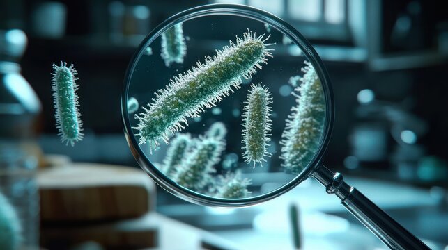 Close-up view of magnified bacteria with spiky surface structures floating in a scientific laboratory environment, highlighting microscopic study and research