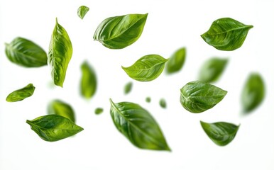Fototapeta premium Fresh green basil leaves floating and scattered on a white background creating a light and natural feeling