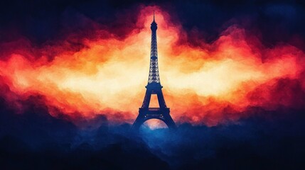 Silhouette of a tall tower against a vivid fiery sky with deep dark clouds creating a dramatic and intense atmosphere at sunset or sunrise