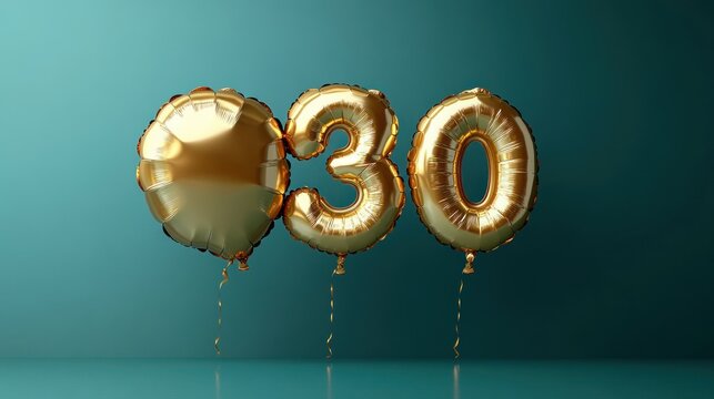 Three gold foil balloons shaped like a heart and the numbers three and zero on a teal background celebrating a 30th milestone with festive and elegant vibe