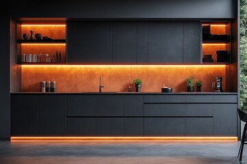 modern kitchen interior with black cabinets and warm orange backlighting featuring minimalist design and potted plants by large window
