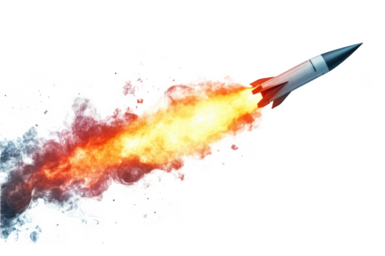 Rocket or missile launch with fire and smoke trail, isolated on a transparent background
