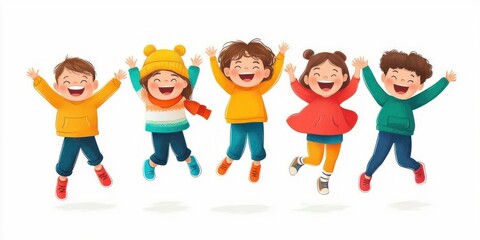 Fototapeta premium Five joyful children jumping in the air with hands raised, wearing colorful winter clothing and smiling happily