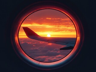 Sunset viewed through a round airplane window showing the wing above a sea of clouds glowing with warm orange and red hues