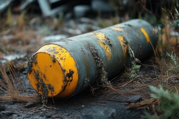 Obraz premium Close-up of a weathered, cylindrical yellow and green object lying on the ground with dirt and grass around it, showing signs of rust and wear