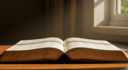 Obraz premium Antique Open Book on Wooden Desk Lit by Natural Light Near Window Read Study