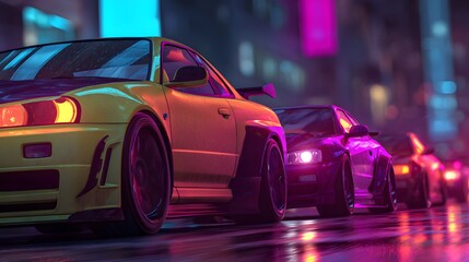 A vibrant lineup of sports cars under the neon glow of a rainy urban cityscape at night.