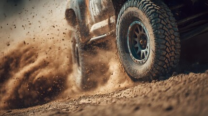 An extreme close-up reveals a rugged off-road vehicle's tire kicking up dust and dirt while racing.