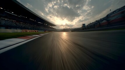 Obraz premium The perspective of a driver on a race track during sunset with grandstands in the background.