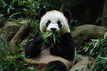 Fototapeta premium Captivating giant panda portrait immersed in lush greenery feasting on bamboo shoots