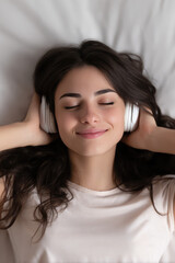 Naklejka premium Young woman lying down with headphones on, eyes closed and smiling. Listening to music, relaxation, happiness