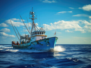 A weathered blue fishing vessel cuts through deep blue ocean waters under a vibrant, partly cloudy sky