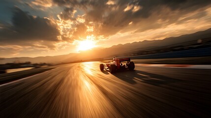 Naklejka premium A formula one race car speeding around a circuit track during a vibrant, golden sunset.