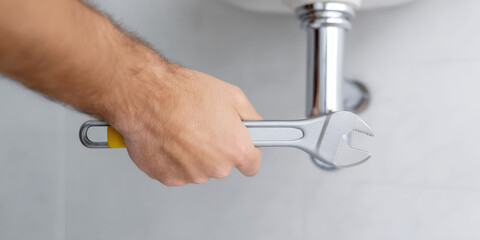 A person uses a wrench to tighten or loosen a pipe under a sink. Concept: Plumbing repair, maintenance work, home improvement