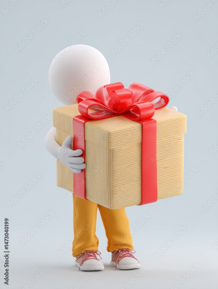 Poster 3d character joyfully holding a large gift box with a bright red ribbon in a minimalist setting