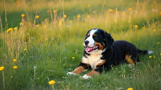 Bernese Mountain Dog Puppy in Meadow