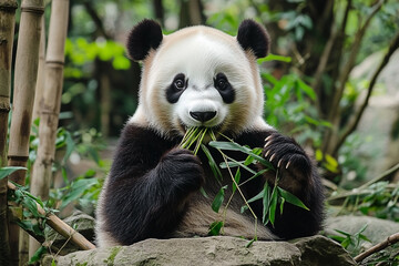 Fototapeta premium Giant Panda Consuming Bamboo Shoots Amidst Verdant Foliage in Natural Habitat
