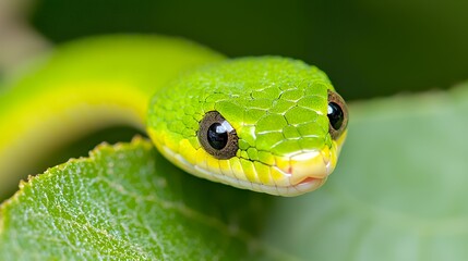 Fototapeta premium A vibrant green snake rests amidst lush foliage in a tranquil rainforest environment