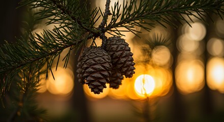 Pine Cones Hanging on Branch with Golden Sunset Light Behind