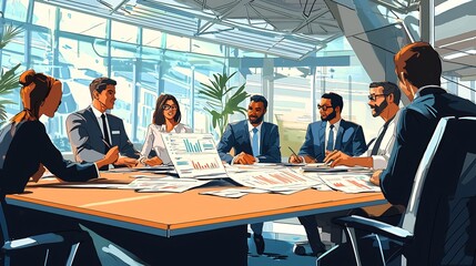 A diverse business team engaged in a high stakes meeting in a modern office, analyzing financial charts and planning a corporate strategy for global expansion. – high-quality AI image