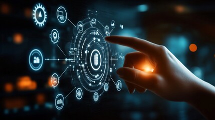 Hand interacting with a digital network of interconnected data points