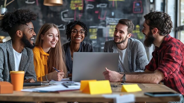 Stock photo concept: A diverse startup team in a brainstorming session, gathered around a laptop, exchanging ideas and planning their next big business move. - Powered by Adobe