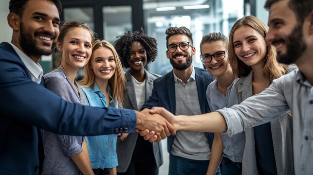 A diverse team of professionals giving a firm handshake to welcome a new colleague, office background with a casual yet sophisticated business setting in modern digital art style - Powered by Adobe