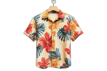 Tropical print shirt featuring vibrant colors and palm leaf patterns, isolated on transparent background.