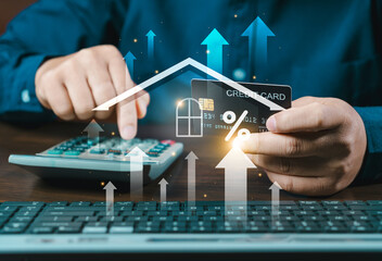 Fototapeta na wymiar Real estate concept business. Manage your money and savings plan to buy the best home. purchasing a house and saving money. Buy and sell houses and real estate online concept.