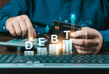 Debt growth on a virtual screen. The financier draws a rating for debt obligations. Stressed man...