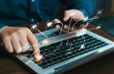 Search with AI Assistant; SEO Search Engine Optimization Concept. AI SEO icons on websites to rank search engines or perform SEO. search on screen. Artificial Intelligence data technology
