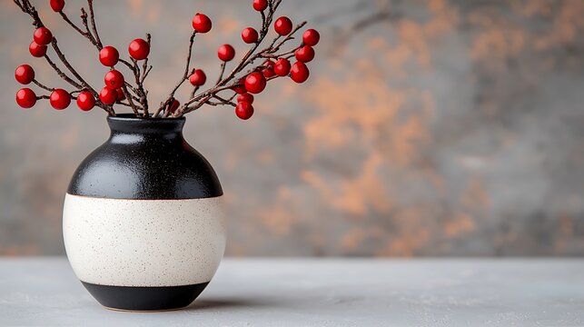 Minimalist Ikebana Arrangement with Red Berries in Black and White Vase