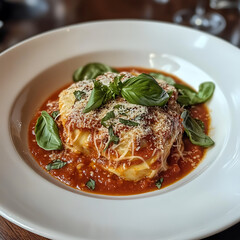 A Delicious, Appetizing Lasagna Dish Garnished with Basil. 