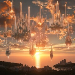 Fototapeta premium Floating Crystal Cities at Sunset