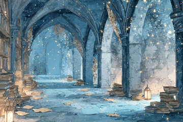 Naklejka premium Enchanted Blue Stone Corridor with Scattered Books and Floating Lights 