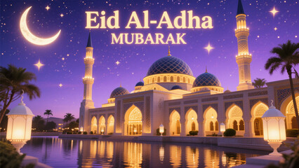 A mosque with intricate domes and minarets is illuminated by warm, golden lights, reflecting beautifully on a serene body of water below. Eid al Adha, Eid al Adha Mubarak, Eid Mubarak