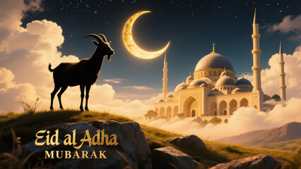 A silhouette of a goat standing on a grassy hill, set against a stunning night sky with a golden crescent moon glowing brightly. Eid al Adha, Eid al Adha Mubarak, Eid Mubarak
