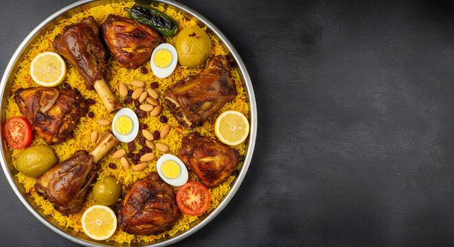 Chicken biryani dish called majboos, copy space