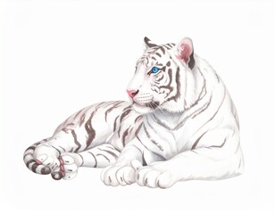 Fototapeta premium A white tiger with vibrant blue eyes rests serenely, against a clean, white background