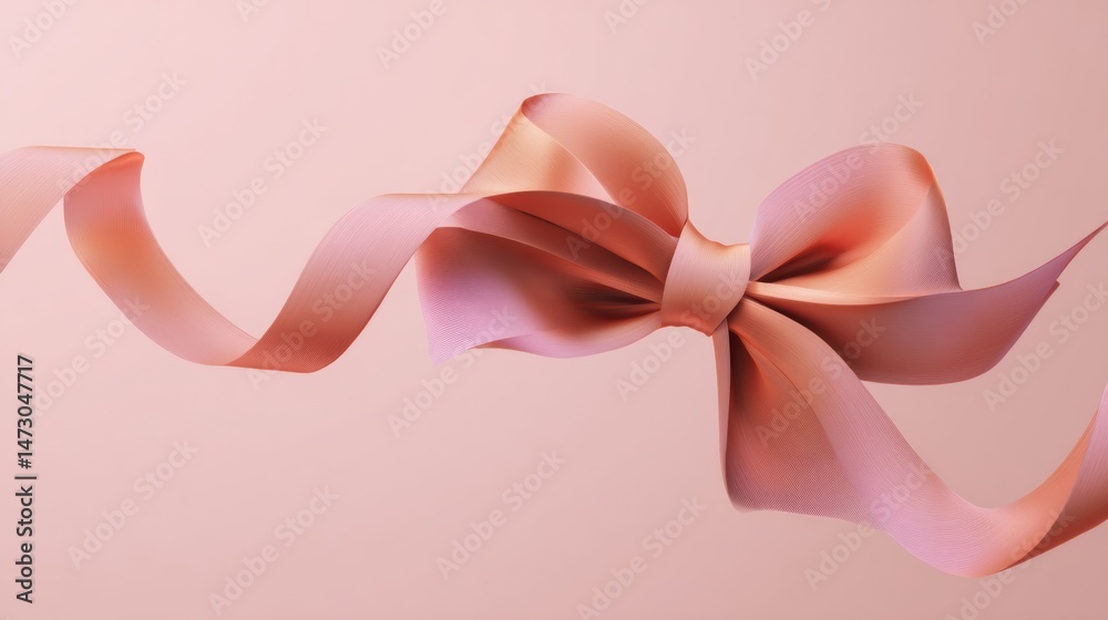 Poster Minimal Abstract Bow Ribbon Floating Gracefully Against a Soft Pink Background, Creating a Gentle and Elegant Visual Appeal Perfect for Various Design Projects