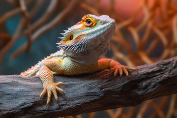 Obraz premium Close-up of a detailed bearded dragon lizard resting on a textured tree branch with vibrant orange and yellow hues and sharp scales