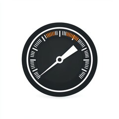Black circular gauge or speedometer with white and orange markings and needle pointing to a high value