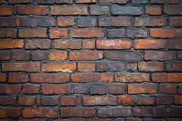 Obraz premium Close-up of a weathered red and brown brick wall with textured mortar and uneven coloration