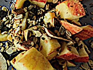 Illustrated Chopped Apple with Granola. Artistic Rendition of Apple and Granola for Breakfast or Snack. Photographic Illustration of Chopped Apple and Granola. 