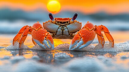 Orange crab on the beach at sunset