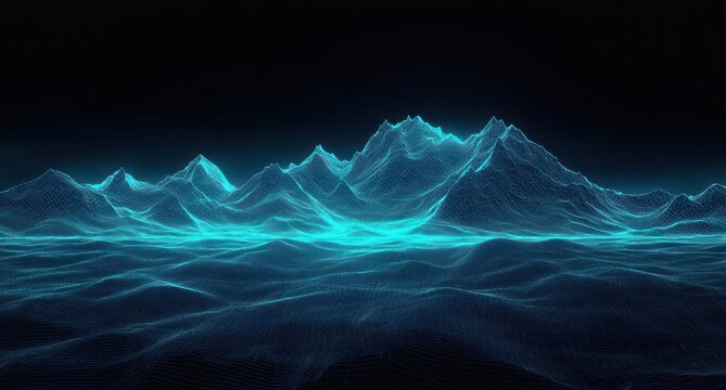 Glowing digital wireframe representation of a mountain range against a dark background evoking a futuristic and high-tech atmosphere